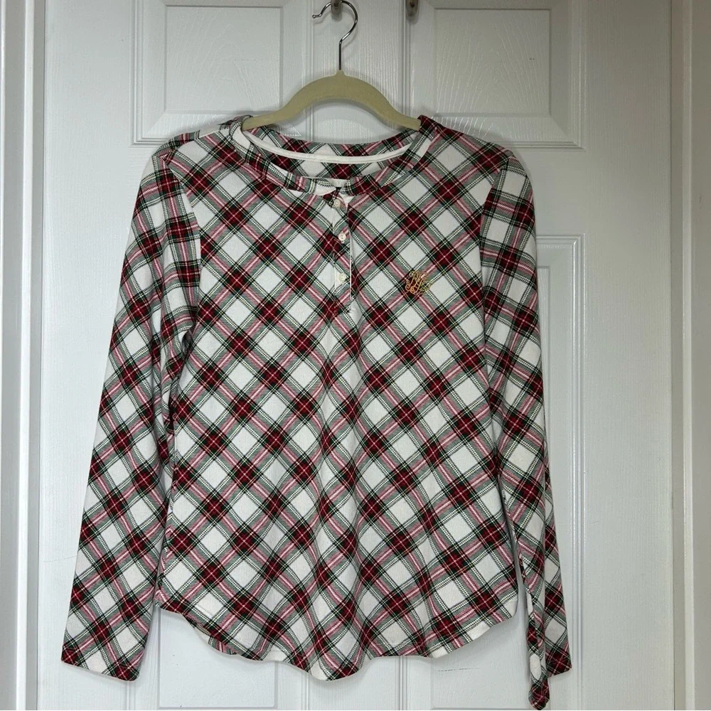 Lauren Ralph Lauren Stretchy Poly White Red Green Plaid Holidays Pajama Set S